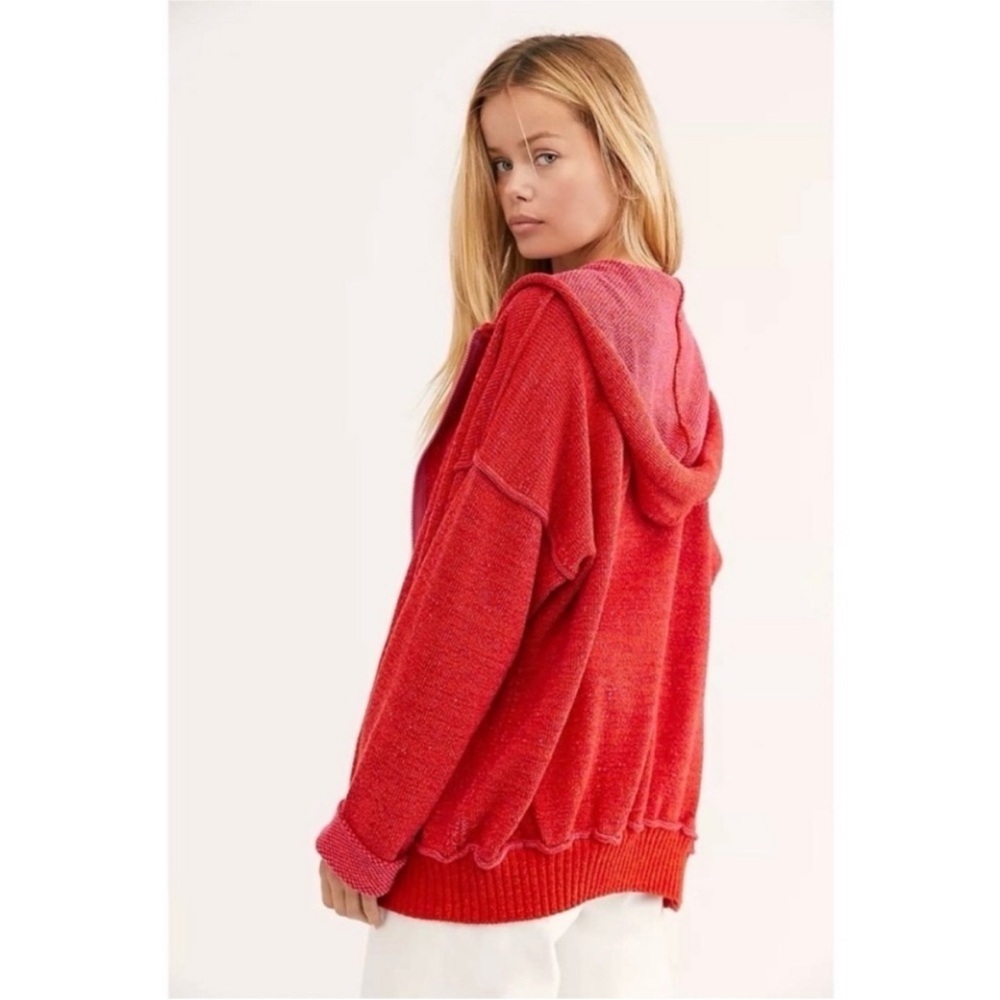 Free People Knit Zip Up Hoodie Red Pink Marled Size Medium - Picture 3 of 9